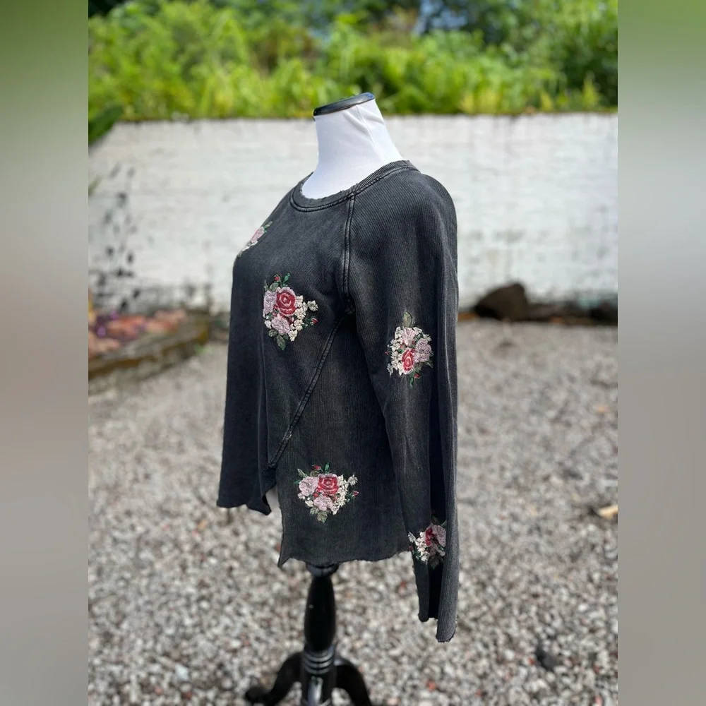 Lucky Brand Black Floral Embroidered Sweatshirt - Picture 4 of 14